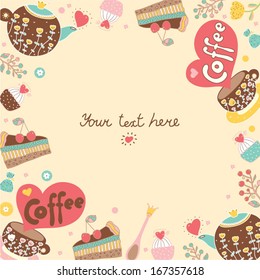 Sweetheart postcard with sweets and coffe.