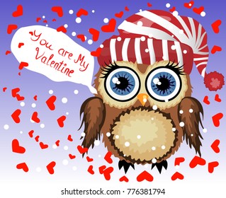 Sweet-hearted brown owl surrounded by hearts You are my Valentine. Love in the air, Saint Valentine, postcard
