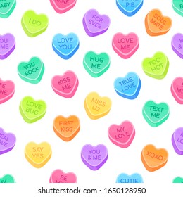 Sweethearts candy set flat style design vector illustration isolated on white background seamless pattern. Sweet heart shape candy with inspiration conversations text candy. Valentine day symbols.