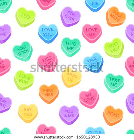 Sweethearts candy set flat style design vector illustration isolated on white background seamless pattern. Sweet heart shape candy with inspiration conversations text candy. Valentine day symbols.