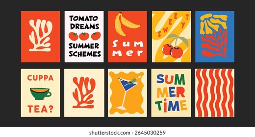 Bistrô colorido do verão com frases curtas da moda sobre frutas frescas, legumes, flores