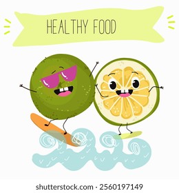 Sweetie, lemon fruit cute funny cheerful characters. Vector hand drawn illistration.