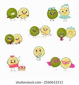 Sweetie, lemon fruit cute funny cheerful characters. Vector hand drawn illistration.