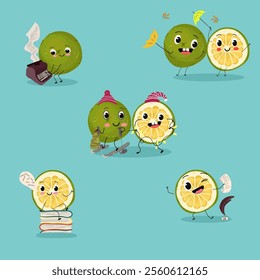 Sweetie, lemon fruit cute funny cheerful characters. Vector hand drawn illistration.