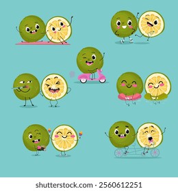 Sweetie, lemon fruit cute funny cheerful characters. Vector hand drawn illistration.