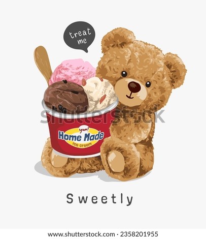 sweetly slogan with cute bear doll with ice cream cup vector illustration