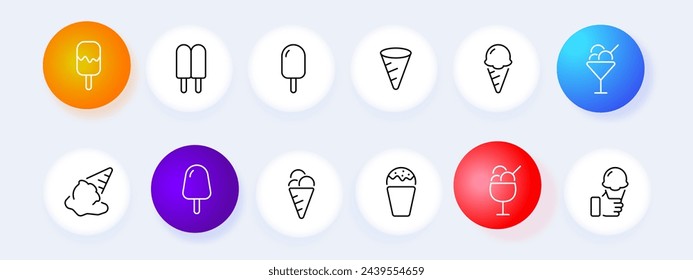 Sweetness icon set. Cold, ice cream, summer, glass, ice, children, refrigerator, cream, popsicle, cone, milk, dessert, chocolate. Neomorphism style. Vector line icon for business and advertising