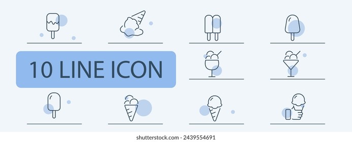 Sweetness icon set. Cold, ice cream, summer, glass, ice, children, refrigerator, cream, popsicle, cone, milk, dessert, chocolate. 10 line icon style. Vector line icon for business and advertising