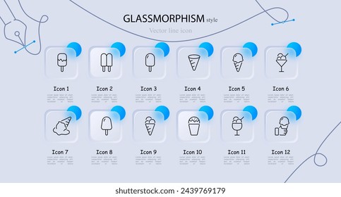 Sweetness icon set. Cold, ice cream, summer, glass, ice, children, refrigerator, cream, popsicle, cone, milk, dessert, chocolate. Glassmorphism style. Vector line icon for business and advertising