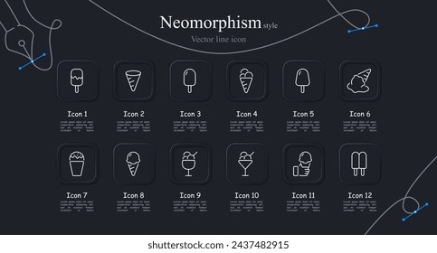 Conjunto de iconos de dulzura. Helado, frío, helado, verano, taza, hielo, niños, refrigerador, crema, paleta, cono, leche. Estilo neomorfista. Icono de línea vectorial para negocios y publicidad