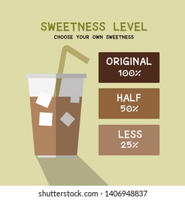 Sweetness level for coffee shop . Menu for coffee shop , choose sugar level for coffee . flat style and illustration.