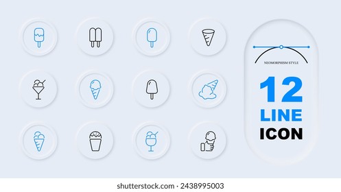 Sweetness line icon set. Ice cream, waffle, cold, ice cream, summer, cup, ice, children, refrigerator, cream, popsicle. Neomorphism style. Vector line icon for Business