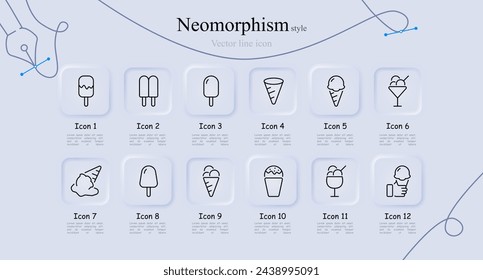 Conjunto de iconos de línea de dulzura. Helado, frío, helado, verano, taza, hielo, niños, refrigerador, crema, paleta. Estilo neomorfista. Icono de línea vectorial para negocios