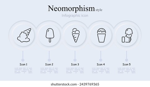 Conjunto de iconos de línea de dulzura. Helado, gofre, frío, helado, verano, taza, hielo, niños, refrigerador, crema, paleta. Estilo neomorfista. Icono de línea vectorial para negocios