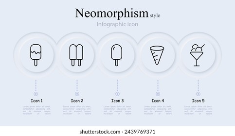 Conjunto de iconos de línea de dulzura. Helado, frío, helado, verano, taza, hielo, niños, refrigerador, crema, paleta. Estilo neomorfista. Icono de línea vectorial para negocios