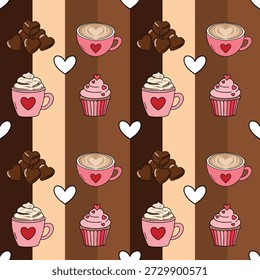 Ilustración de patrón sin fisuras de San Valentín en Vector. La ilustración es el traje para el fondo, el Fondo de pantalla, el papel de regalo, el telón de fondo para celebrar su San Valentín. La ilustración contiene crema de café, café con leche, chocolate y cupcake