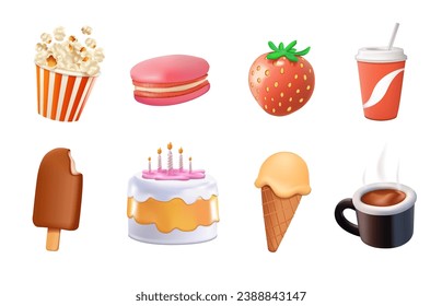 Sweets 3D icons set. Sweet dessert, strawberry, cute cake, ice cream, chocolate, coffee, macaroon, popcorn. Tasty food, delicious biscuits 3D vector illustration