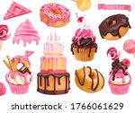 Sweets 3d vector realistic objects. Cupcakes, cake, donuts, candy. Food icons