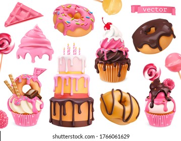 Sweets 3d vector realistic objects. Cupcakes, cake, donuts, candy. Food icons - Shutterstock ID 1766061629