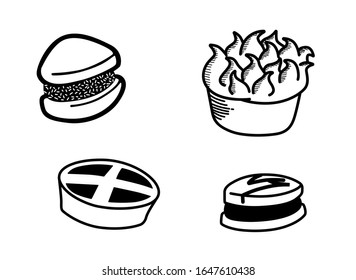 Sweets, alfajor, pastry, lemon pie, milk caramel, dulce de leche. Black and white hand drawn style vector illustration.