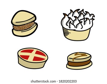 Sweets, alfajor, pastry, lemon pie, milk caramel, dulce de leche. Color hand drawn style vector illustration.