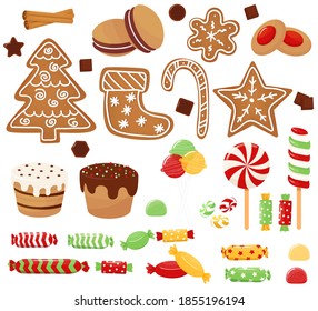 Sweets assorted and candies cookies for Christmas. Candies, sweets and striped lollipops, Christmas cake, gingerbread cookies. Sweets for Celebrate. Winter background. Vector illistration