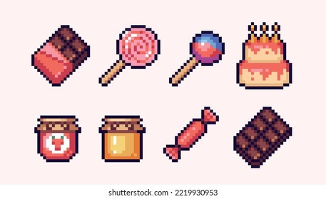 Sweets assortment pixel art set. Chocolate, candies and cake collection. Jelly, jam and honey jars. 8 bit sprite. Game development, mobile app.  Isolated vector illustration.