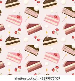 Sweets background. Cakes vector seamless pattern.