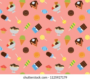 Sweets background. Color vector seamless pattern with chocolates, cakes and candies.