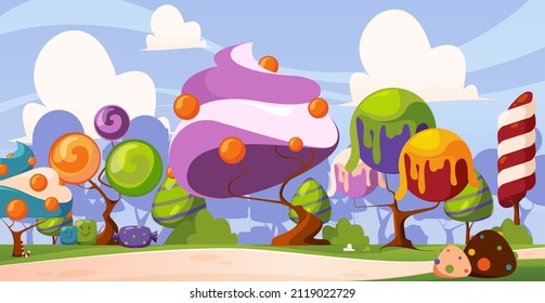 Sweets background. Delicious landscape with fantasy sugar trees from caramel and cream cake buildings garish vector colored cartoon illustration