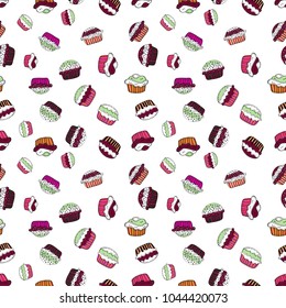 Sweets background design. Cupcake seamless pattern. Vector illustration. Cute birthday background on white, red and black. Wrapping paper.