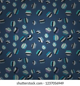 Sweets background design. Cupcakes seamless pattern with watercolor on black, blue and white background. Vector illustration. Hand drawn doodle illustration with pastry.