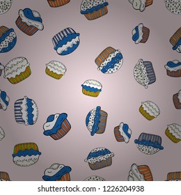Sweets background design. Cute birthday background on neutral, white and blue. Pale neutral, white and blue seamless pattern with cupcakes. Vector illustration.