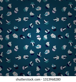 Sweets background design. Cute birthday background on blue, neutral and white. Pale blue, neutral and white seamless pattern with cupcakes. Vector illustration.