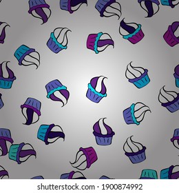 Süßes Hintergrunddesign. Hübscher Geburtstagshintergrund auf schwarz, weiß und violett. Schleifpapier. Cupcake nahtloses Muster. Vektorgrafik.