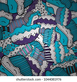 Sweets background design. Hand drawn doodle illustration with pastry. Cupcakes seamless pattern with watercolor on blue, white and black background. Vector illustration.