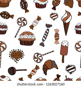 Sweets background design. Hand drawn doodle illustration with pastry. Vector illustration. Cupcakes seamless pattern with watercolor on black, brown and white background.