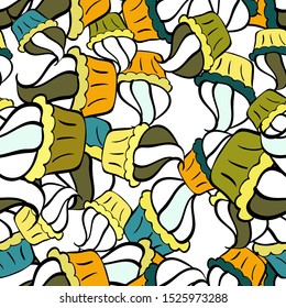 Sweets background design. Nice birthday background on yellow, black and white. Seamless pattern with sweet Cupcakes pattern. Vector illustration.