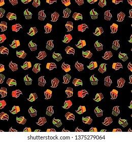 Sweets background design. Pale white, red and black seamless pattern with cupcakes. Cute birthday background on white, red and black. Vector illustration.