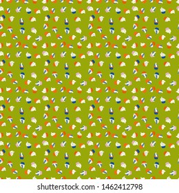 Sweets background design. Print for bakery. Orange, white and green color. Seamless pattern hand drawn cupcakes. Vector illustration.