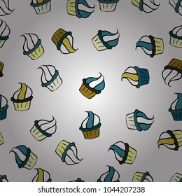 Sweets background design. Seamless pattern hand drawn cupcakes. White, black and blue color. Vector illustration. Print for bakery.