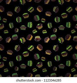 Sweets background design. Seamless pattern with sweet Cupcakes pattern. Vector illustration. Nice birthday background on black, brown and green.