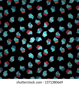 Sweets background design. Vector illustration. Pale blue, white and black seamless pattern with cupcakes. Cute birthday background on blue, white and black.