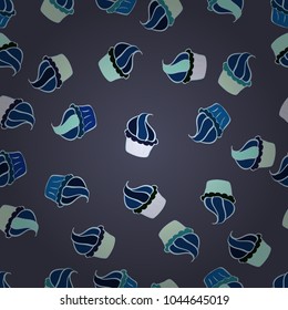 Sweets background design. Wrapping paper. Cute birthday background on blue, neutral and gray. Vector illustration. Cupcake seamless pattern.