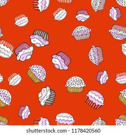 Sweets background design. Wrapping paper. Cute birthday background on orange, white and neutral. Vector illustration. Cupcake seamless pattern.