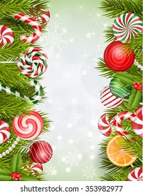 Sweets background with lollipop, candy, jelly beans, orange slice and pine tree.vector