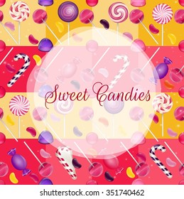 Sweets background with lollipop and jelly beans.Vector