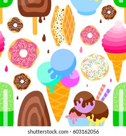 Sweets background, seamless pattern with colored donuts and ice cream, vector design for web, site, advertising, banner, poster, board and print.