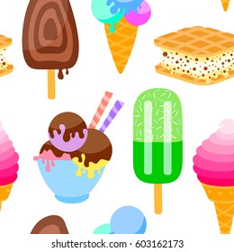 Sweets background, seamless pattern with colored  ice cream, vector design for web, site, advertising, banner, poster, board and print.