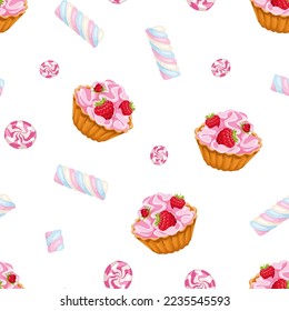 Sweets background. Seamless pattern with pink raspberry cupcakes, candies and marshmallows on white background. Vector cartoon illustration.